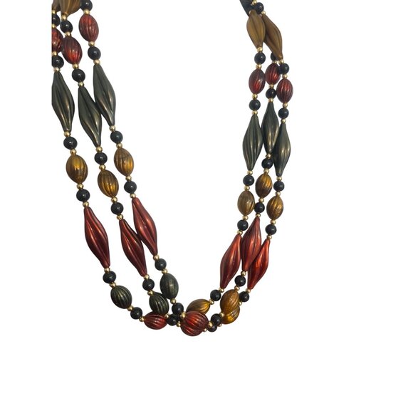 Vintage Twisted Bead Necklace Green Red Cranberry Mustard Yellow Multi Strand - Picture 1 of 5